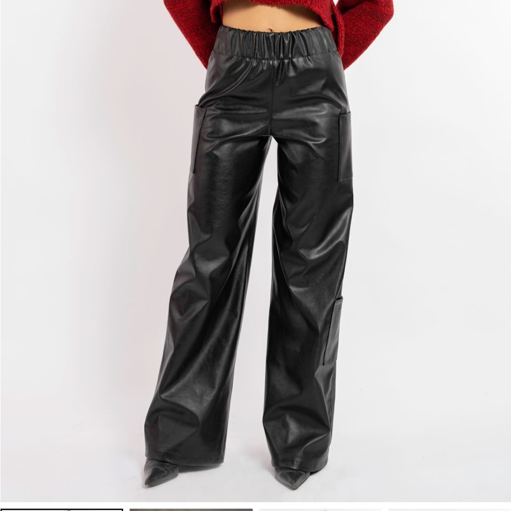 Maison Cleo, size small, Black Faux Leather Wide Leg Pants